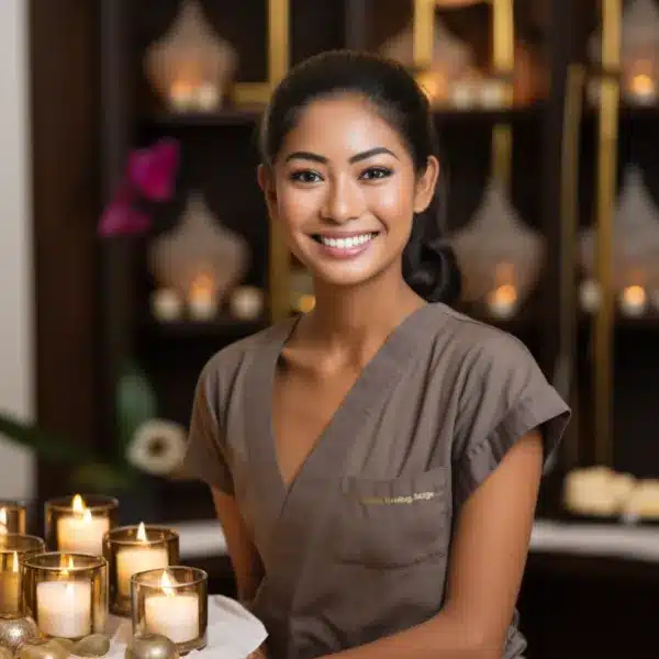 Thai Massage Therapist Smiling with Spa Products